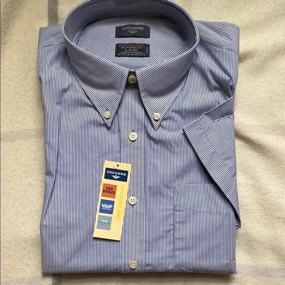 Dockers Blue and White Pinstripe Men's Short Sleeve Dress Shirt Size Large